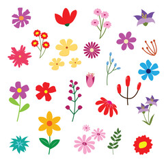 Collection colorful flower clip art elements vector. Flower spring drawing clipart set. Hand drawn blossom illustration collection,  Set floral of wildflower, leaf branch,or decor, easter, sticker