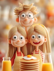 Fototapeta premium Joyful Breakfast Scene with Smiling Family: Dad and Kids Enjoying Together