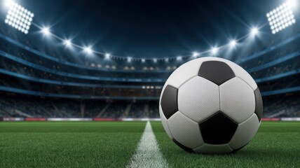 Obraz premium Soccer ball on the green grass of a stadium at night.