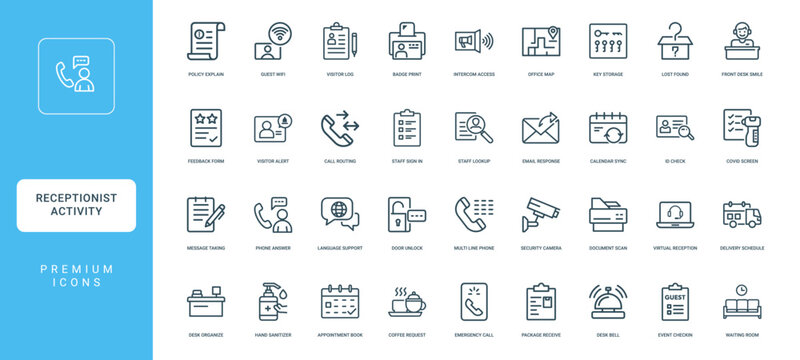receptionists role modern office setting collection linear icons