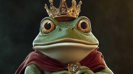 Frog prince portrait with jeweled crown and red cape in fantasy setting