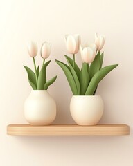Obraz premium Elegant tulips in minimalist vases on shelf.