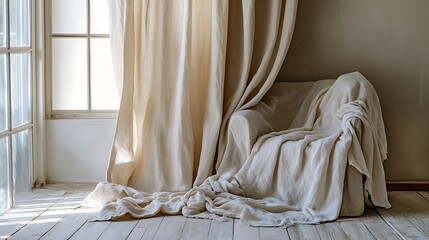 Draped Fabric Covering Chair Near Window with Sunlight