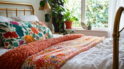 Bedroom with a bed in the center. the bed has a gold metal headboard and white sheets. on the left side of the bed, there is a colorful floral pillow with red, orange, and green flowers.