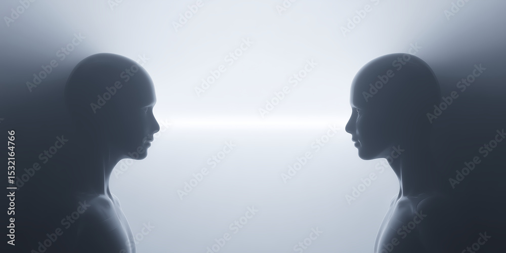 Poster two abstract humanoid figures facing each other in a minimalistic environment, illuminated by soft l