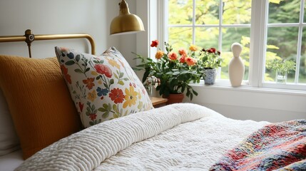 Bedroom with a large window on the right side. the window has white frames and is letting in natural light.