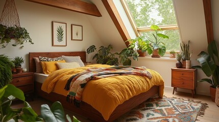 Bedroom with a large window on the right side of the room. the window has a wooden frame and is covered with a yellow comforter and several colorful throw pillows.