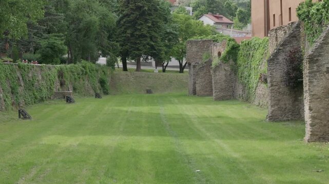 Green moat between medieval stone walls in old town