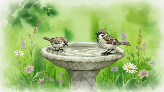 Charming watercolor illustration of two sparrows taking a bath in a stone birdbath surrounded by a beautiful garden