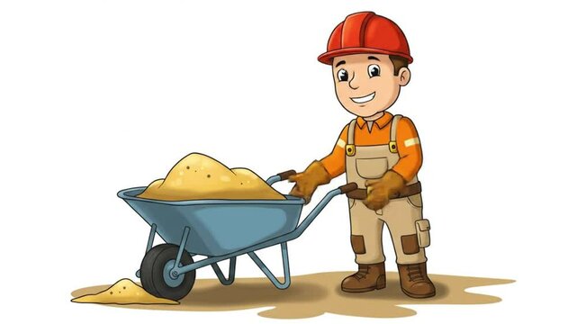 Cheerful cartoon construction worker with wheelbarrow