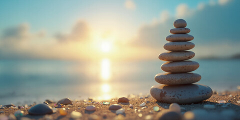 Obraz premium Stacked zen stones on sandy beach at sunrise with soft ocean waves and peaceful sky 