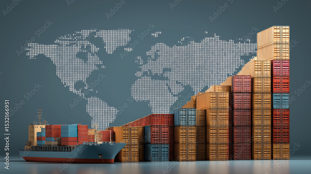 Poster cargo ship loaded with colorful containers sails in front of world map made of dots, symbolizing glo