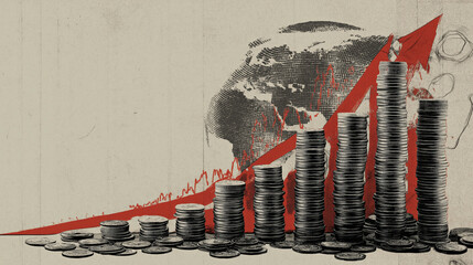Stacks of coins rise against backdrop of globe and red upward arrow, symbolizing economic growth and GDP increase. image conveys financial success and global market trends