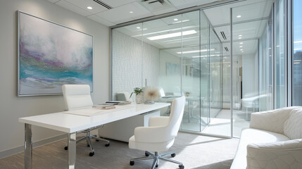 Bright office with white desk, glass walls, and abstract art creates modern and inviting workspace. room features comfortable chairs and ample natural light, enhancing productivity