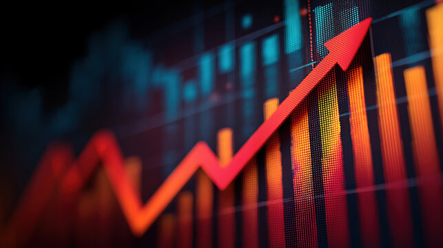 Red arrow sharply rises over colorful bar graph, symbolizing positive economic indicators and market trends. vibrant colors and upward trajectory convey growth and success