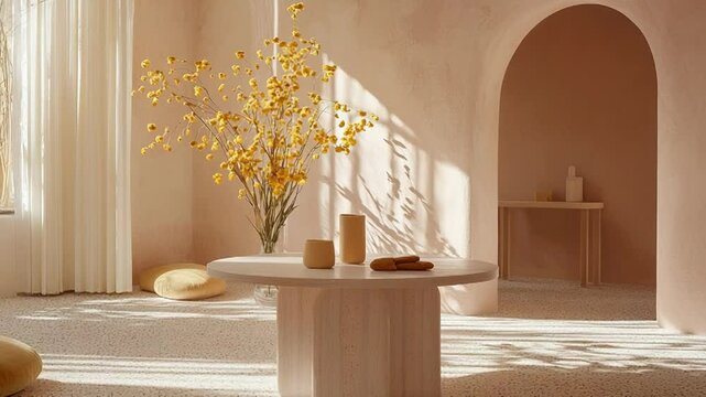 Minimalist interior design featuring a round table with decorative items and a floral arrangement