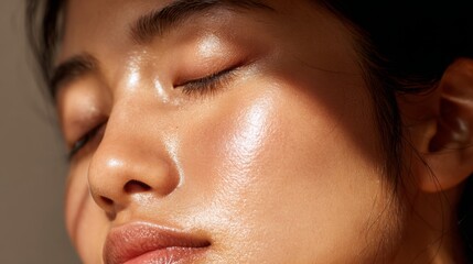 Fototapeta premium Extreme Close-Up of Woman’s Face with Glossy Dewy Skin and Closed Eyes in Warm Natural Light