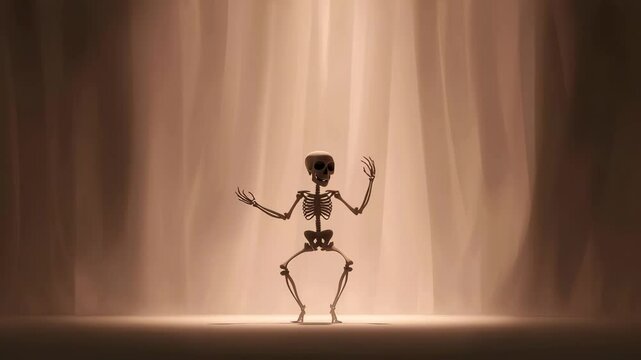 3D skeleton dancing alone under a spotlight on stage. A fun, surreal, and slightly spooky concept perfect for Halloween, humor, or animated entertainment.

