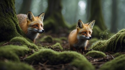 Naklejka premium Red Foxes in Mossy Forest A Stunning Wildlife Encounter