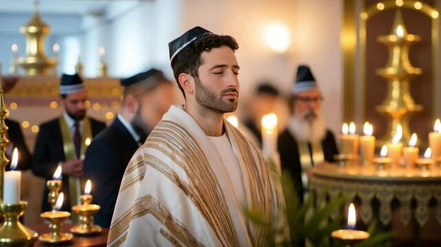 Jewish man praying in synagogue with eyes closed