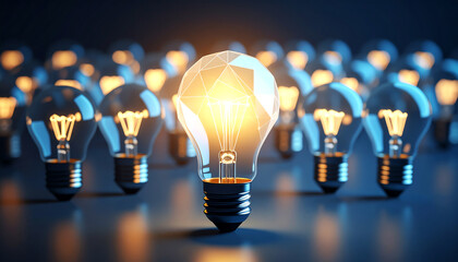 A glowing light bulb stands out among many, symbolizing creativity and innovation in a visually striking and modern setting