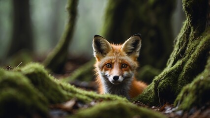 A cunning red fox peeks out from behind a mossy log in a dense, enchanting forest, capturing the fox's curiosity in a vivid portrait.