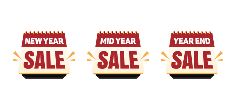Seasonal Sale Icons – New Year, Mid Year, and Year End Discount Labels in Calendar Style