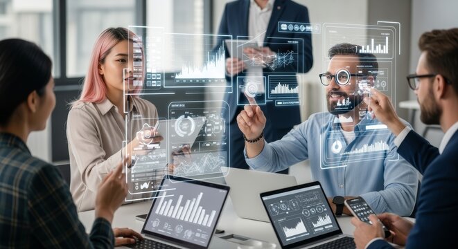 A collaborative workspace where multiple users interact simultaneously on a shared holographic whiteboard from different devices.