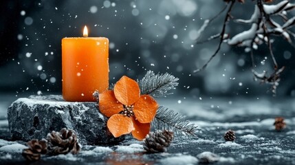 Winter Solstice Orange Candle, Snow, and Pine Cones