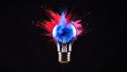 A vibrant light bulb bursts with blue and pink colors against a dark background, symbolizing creativity and innovation