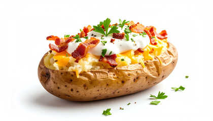 A baked potato topped with creamy sour cream, shredded cheese, crispy bacon bits, and fresh parsley, served on a clean white background