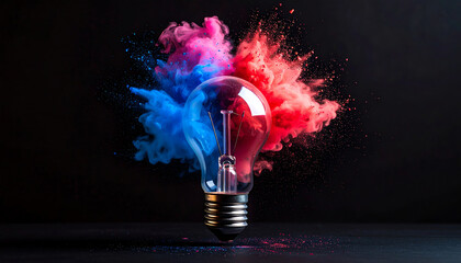 A light bulb surrounded by vibrant blue and pink smoke, symbolizing creativity and innovation against a dark background