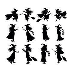Halloween Witch Silhouettes Collection – Flying Standing and Spellcasting Poses Halloween Silhouettes vector