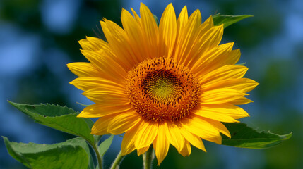 Obraz premium Bright Yellow Sunflower with Green Leaves in Clear Blue Sky
