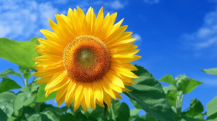 Fototapeta premium Bright Yellow Sunflower Blooming in Sunny Field Under Blue Sky, Landscape View