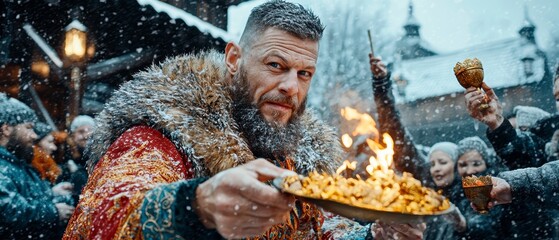 Winter Festival Celebration, Chef Serving Food, Outdoor Market, Photo, Snowy Environment, Close-Up View, Cultural Heritage