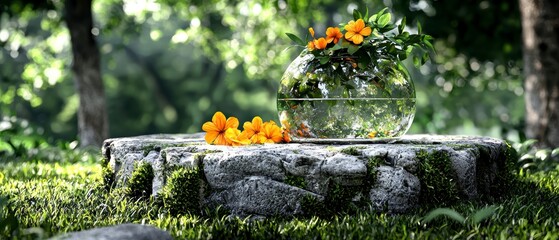 Serene Garden Still Life Orange Flowers in Glass Bowl on Mossy Stone