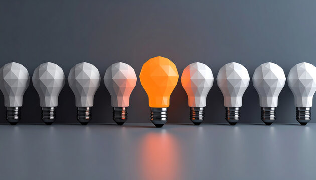 A row of geometric light bulbs, with one bright orange bulb standing out among the white ones, symbolizing creativity and innovation