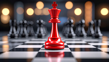 A striking red king chess piece stands out against a blurred background of black pieces and soft lights, symbolizing strategy and competition in a game of chess