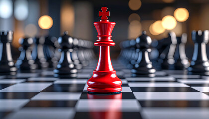 A striking red king chess piece stands out on a black and white chessboard, surrounded by black pieces, symbolizing strategy and competition