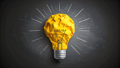 Crumpled yellow light bulb illustration with rays, symbolizing creativity and ideas in a modern design