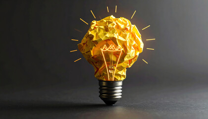 A crumpled yellow lightbulb emits a soft glow, symbolizing creativity and innovation against a dark background