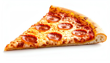 A delicious slice of pepperoni pizza with melted cheese on a crispy crust, showcasing appetizing toppings on a white background