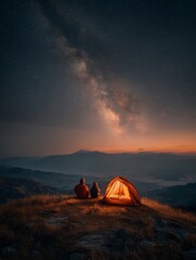 Dad and Child Enjoying a Magical Camping Night Under a Starry Sky Together