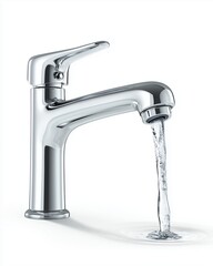 Faucet Flowing Water: A pristine chrome faucet gushes a stream of crystal-clear water, symbolizing cleanliness, refreshment, and the essential resource.