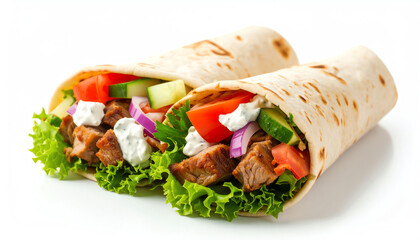 Delicious wraps filled with grilled meat, fresh vegetables, and creamy sauce, all wrapped in soft tortillas, showcasing vibrant colors and textures