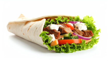 A delicious wrap filled with fresh lettuce, vegetables, and savory meat, showcasing a tempting blend of flavors and textures