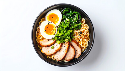 A delicious bowl of ramen featuring noodles, sliced pork, soft-boiled eggs, and fresh green toppings in a black bowl