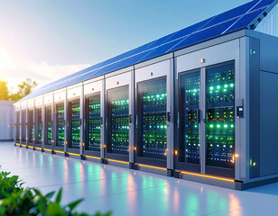 Solar Powered Data Center: Row of server racks with glowing lights, powered by solar panels on the roof, representing green technology and sustainable energy.