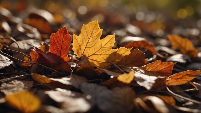 A close-up shot captures the vibrant hues of autumn leaves scattered across the ground. The golden yellow and rustic brown leaves create a tapestry of texture and color.